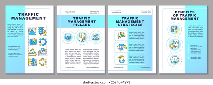 Traffic management blue brochure template. Transport system professional regulation. Safety on roads. Leaflet design with linear icons. Editable 4 vector layouts