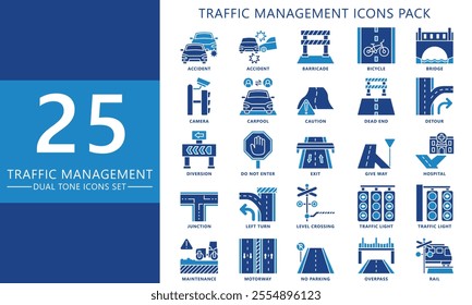 Traffic management blue color icons set. contain accident, barricade, road closing, junction, highway, traffic light and more. Vector EPS 10 for UI or UX kit, web and app, construction, environment