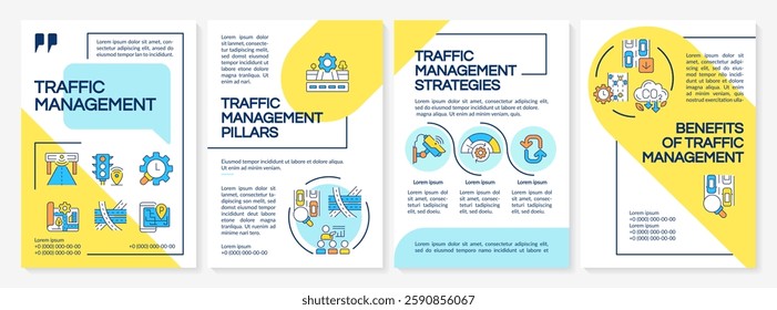 Traffic management blue and yellow brochure template. System and engineering of transport roads. Leaflet design with linear icons. Editable 4 vector layouts