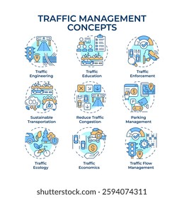 Traffic management multi color concept icons. Road safety and vehicle flow regulation. Transport control. Icon pack. Vector images. Round shape illustrations for presentation. Abstract idea