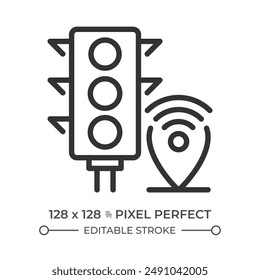 Traffic management systems pixel perfect linear icon. Intelligent transportation, signal control. Public transport. Thin line illustration. Contour symbol. Vector outline drawing. Editable stroke