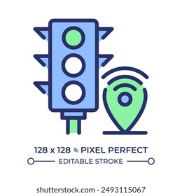 Icono de color RGB perfecto para píxeles de sistemas de gestión de tráfico. Transporte inteligente, control de señal. Transporte público. Ilustración vectorial aislada. Dibujo de líneas rellenas simples. Trazo editable