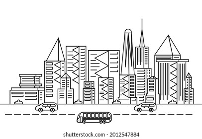 Traffic Modern City Skyscraper Building Cityscape Skyline Line Illustration 