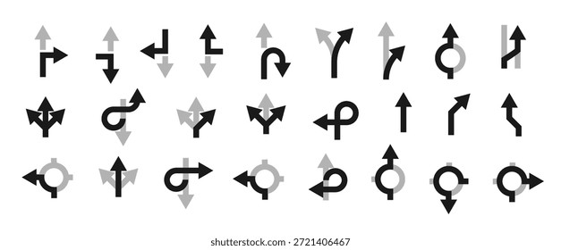 Flechas de navegación de tráfico con puntos de ubicación circular PNG. Símbolos de dirección de conducción para mapas, cruces de caminos, giros e instrucciones de ruta Vector