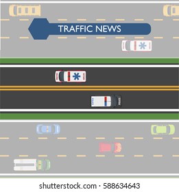 Traffic news icon with road lines and transportation on it. Vector illustration of two clearly seen lines of asphalt road with ambulance and police vehicles, and other darkened lines with transport