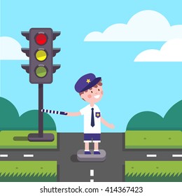 Traffic officer cop kid working on road crossing with a traffic-light.  Modern flat style illustration. Cartoon character clipart.