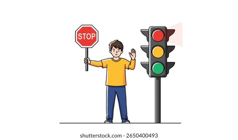 Traffic officer directing traffic with stop sign and signal light control