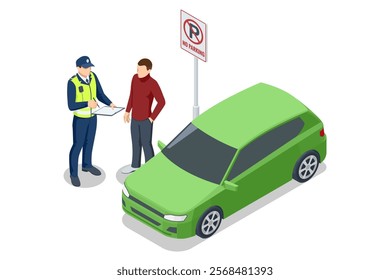 A traffic officer issuing a ticket to a driver near a green car parked in a no-parking zone, with a visible sign. Isometric vector illustration