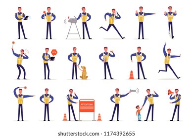 Traffic officer in uniform with high visibility vest set, policeman standing at crossroads and making sign with his hands vector Illustrations