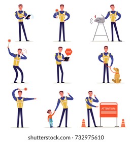 Traffic officer in uniform with high visibility vest set, policeman in different situations vector Illustrations