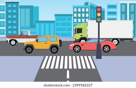 Traffic on the city with traffic light and side view city landscape view background, Flat style design illustration