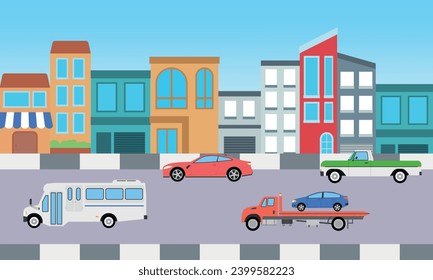 Traffic on the city with side view city, house, and shop landscape view background, Flat style design illustration