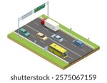 Traffic on a divided motorway with a large yellow bus, trucks, and cars. Overhead signs provide clear navigation. A clean, isometric vector representation of a highway. Highway, expressway, motorway