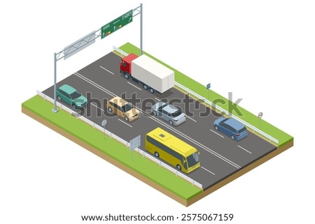Traffic on a divided motorway with a large yellow bus, trucks, and cars. Overhead signs provide clear navigation. A clean, isometric vector representation of a highway. Highway, expressway, motorway