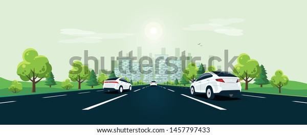 Traffic on the highway panoramic perspective\
horizon vanishing point view. Flat vector cartoon style\
illustration urban landscape street with cars, skyline city\
buildings and road going to the\
city.