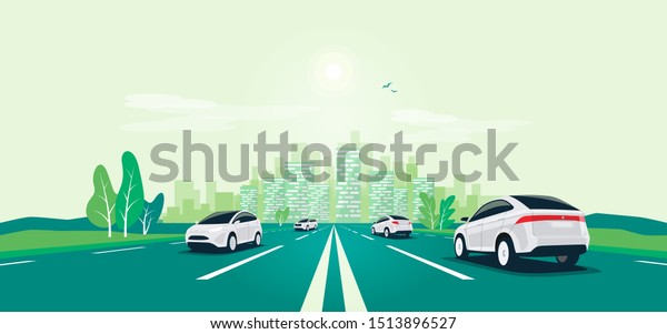 Traffic on the highway panoramic perspective\
horizon vanishing point view. Flat vector cartoon style\
illustration urban landscape motorway with cars, skyline city\
buildings and road going to the\
city.