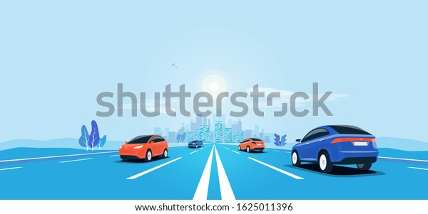 Traffic on the highway panoramic perspective\
horizon vanishing point view. Flat vector cartoon style\
illustration urban landscape motorway with cars, skyline city\
buildings and road going to the\
city.