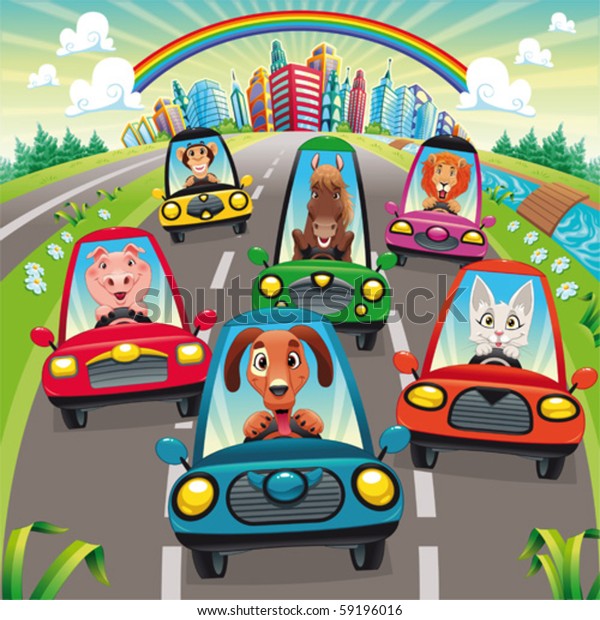 Traffic on the road. Funny cartoon and vector\
illustration, isolated\
objects.
