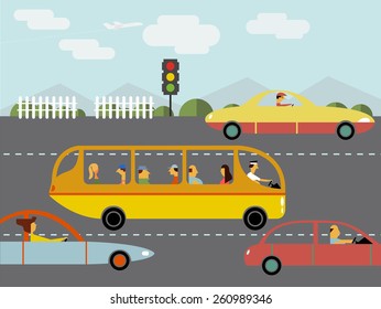 Traffic on the road. Vector Illustration.