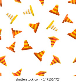 Traffic Orange Cones Vector Color Seamless Pattern Flat Illustration