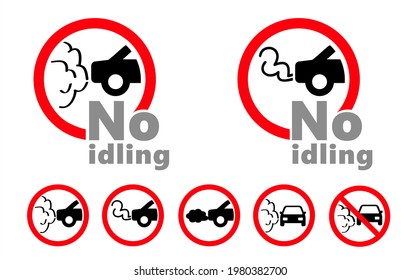 Traffic pictogram. No idling warning sign. Turn engine off sign symbol icon. Idle free zone, turn Off. NOx, CO2 emissions. Carbon dioxide. Climate change and global warming. No co2 gas.