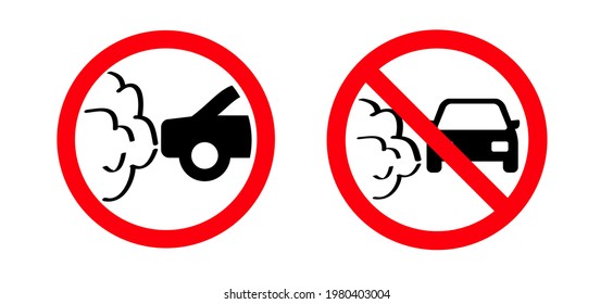 Traffic pictogram. No idling warning sign. Turn engine off sign symbol icon. Idle free zone, turn Off. NOx, CO2 emissions. Carbon dioxide. Climate change and global warming. No co2 gas.