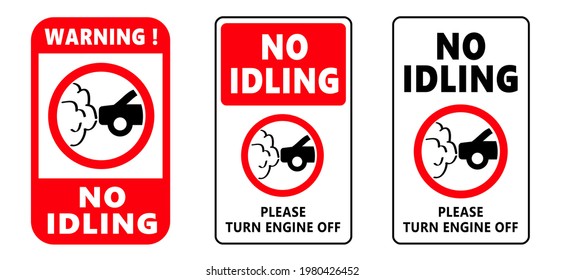 Traffic pictogram. No idling warning sign. Turn engine off sign, symbol. Idle free zone, turn Off. NOx, CO2 emissions. Carbon dioxide. Climate change and global allowed warming. No gas. Smoke or smog.