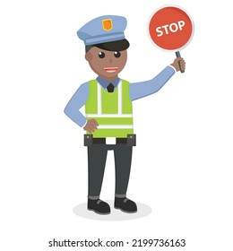 Traffic Police African Holding Stop Sign Design Character On White Background