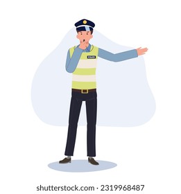 A traffic police blowing whistle and doing hand sign as go to another way. Flat vector cartoon illustration