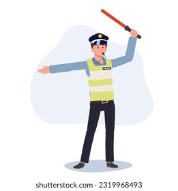 A traffic police blowing whistle and doing hand sign as go to another way.holding traffic baton Flat vector cartoon illustration