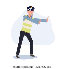 A traffic police blowing whistle and gesturing hand as stop . Flat vector cartoon illustration