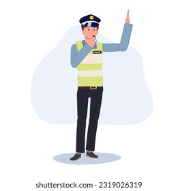 A traffic police blowing whistle and gesturing hand as stop . Flat vector cartoon illustration