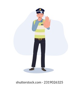 A traffic police blowing whistle and gesturing hand as stop . Flat vector cartoon illustration