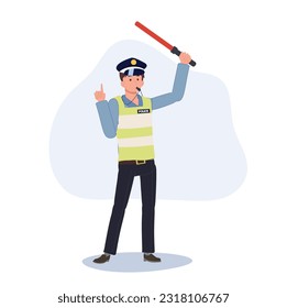 A traffic police is blowing whistle and holding traffic baton up above head. Flat vector cartoon illustration