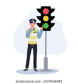 A traffic police blowing whistle and pointing index finger to red traffic light. Flat vector cartoon illustration