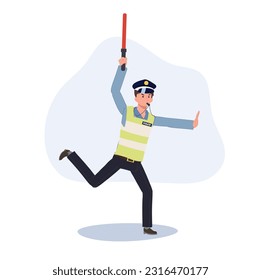 A traffic police blowing whistle ,running doing gesturing hand as stop and holding traffic baton. Flat vector cartoon illustration