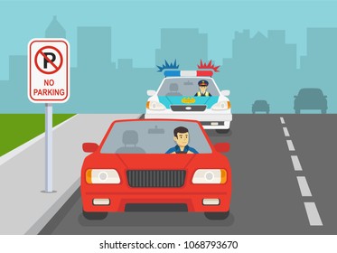 Traffic police car honking to a red car in no parking area with road sign. Flat vector illustration template.