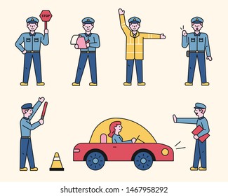 Traffic Police Character Is Doing Various Works. Flat Design Style Minimal Vector Illustration.