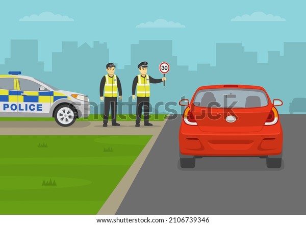 Traffic police checkpoint. Officer\
holding a speed limit sign. Traffic flow on a city road. Back view\
of a red sedan car. Flat vector illustration\
template.