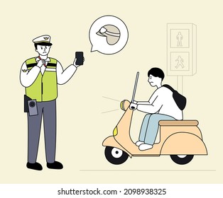 Traffic police are cracking down on motorcycle passengers who don't wear helmets illustration set. Men, crosswalks, inspections, guides, scooters. Vector drawing. Hand drawn style.