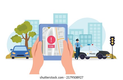 Traffic police flat colored concept tablet in hand with parking app and a fine on the screen vector illustration