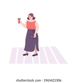 Traffic police flat composition with character of woman crossing road with cup of coffee vector illustration
