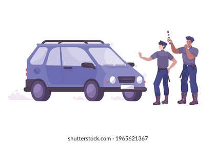 Traffic police flat composition with characters of police officers stopping moving car vector illustration