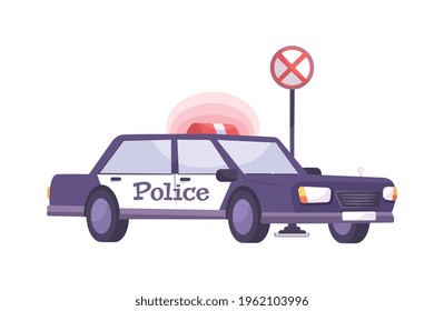 Traffic police flat composition with isolated image of police car vector illustration