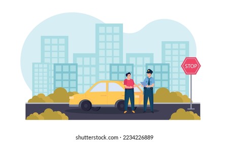 Traffic police flat composition policeman stops a driver in the city and checks his drivers license vector illustration