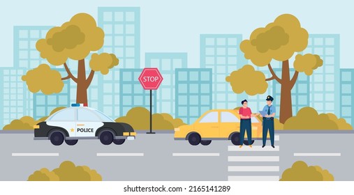 Traffic police flat concept police officer registers a traffic offence of running a stop sign vector illustration