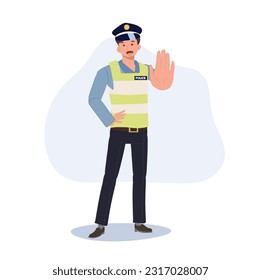 A traffic police gesturing hand as stop . Flat vector cartoon illustration