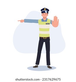 A traffic police gesturing to stop and giving sign the other way. Turn another way, block road. Flat vector cartoon illustration