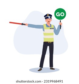 A traffic police holding traffic baton is give way to another way. Flat vector cartoon illustration