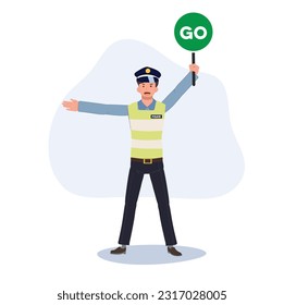 A traffic police holding traffic holding GO sign. Flat vector cartoon illustration